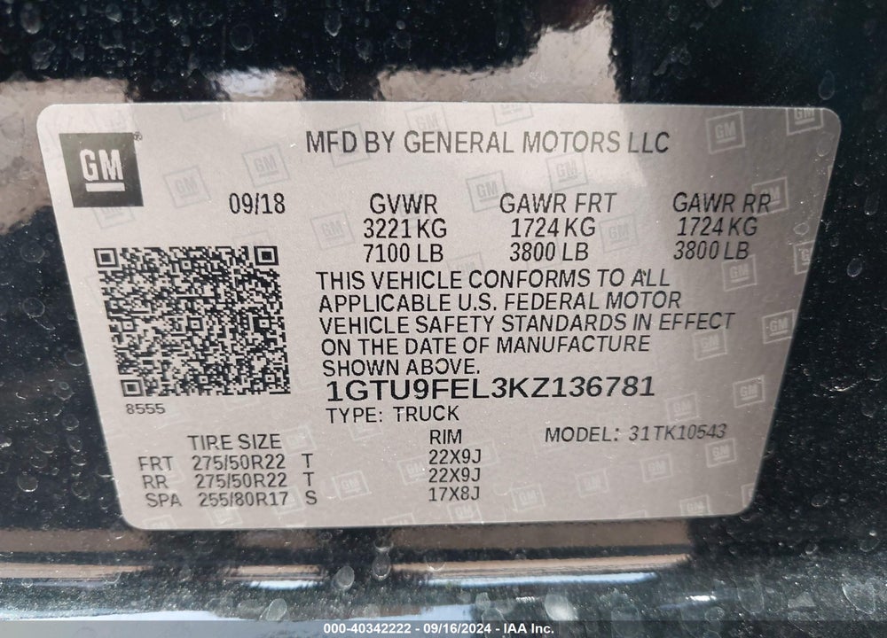 2019 GMC SIERRA 1500 DENALI VIN: 1GTU9FEL3KZ136781