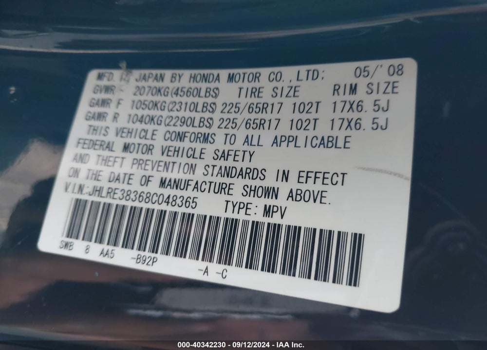 2008 HONDA CR-V LX VIN: JHLRE38368C048365