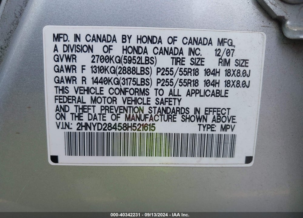 2008 ACURA MDX TECHNOLOGY PACKAGE VIN: 2HNYD28458H521615