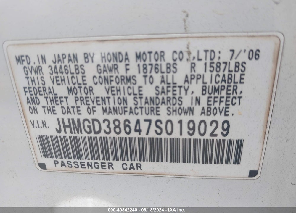 2007 HONDA FIT SPORT VIN: JHMGD38647S019029