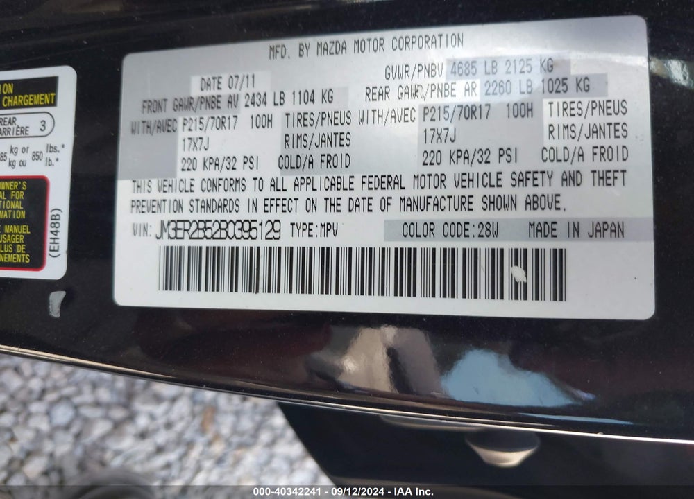 2011 MAZDA CX-7 I SPORT VIN: JM3ER2B52B0395129
