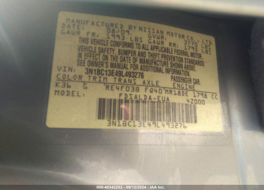 2009 NISSAN VERSA 1.8S VIN: 3N1BC13E49L493276
