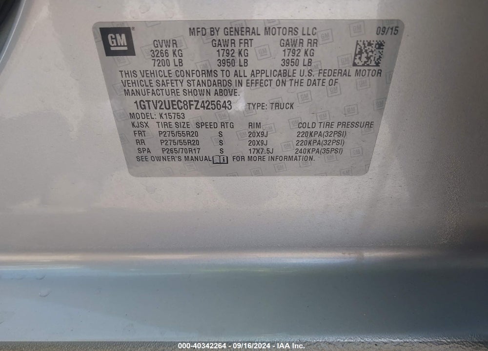 2015 GMC SIERRA 1500 SLE VIN: 1GTV2UEC8FZ425643