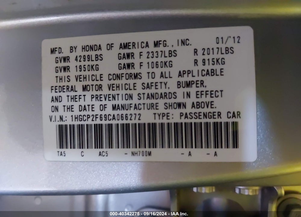 2012 HONDA ACCORD 2.4 SE VIN: 1HGCP2F69CA066272