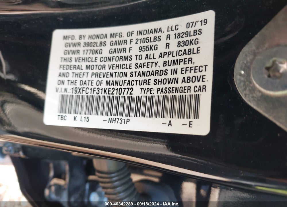 2019 HONDA CIVIC EX VIN: 19XFC1F31KE210772