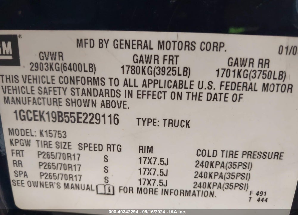 2005 CHEVROLET SILVERADO 1500 Z71 VIN: 1GCEK19B55E229116