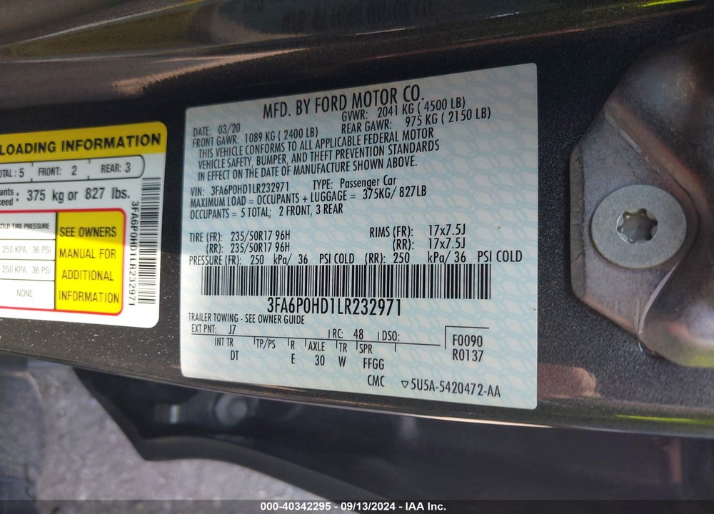 2020 FORD FUSION SE VIN: 3FA6P0HD1LR232971
