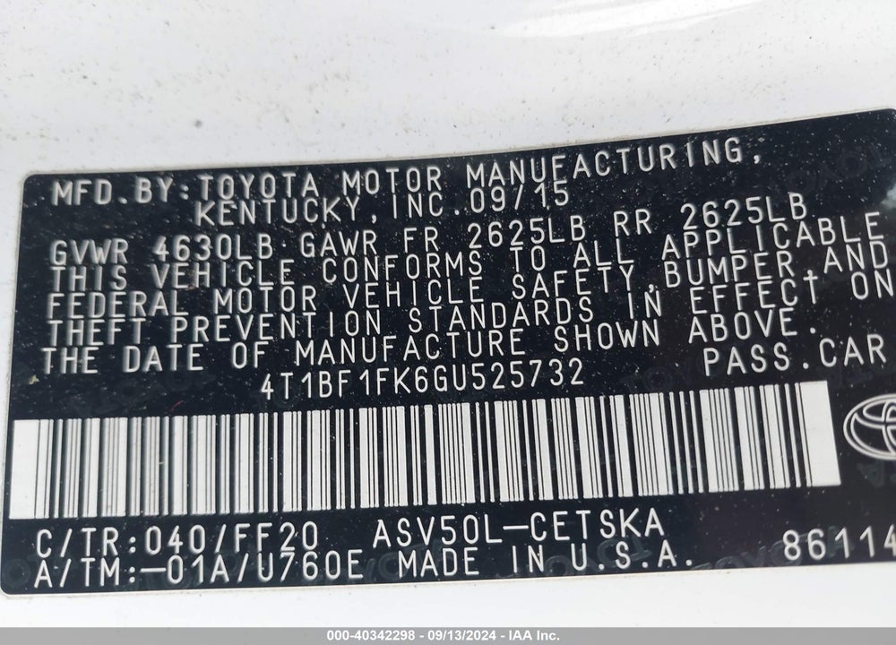 2016 TOYOTA CAMRY SE VIN: 4T1BF1FK6GU525732