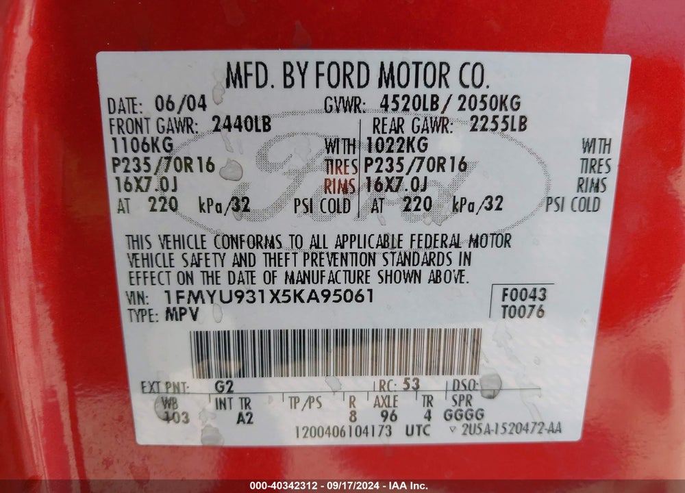 2005 FORD ESCAPE XLT VIN: 1FMYU931X5KA95061