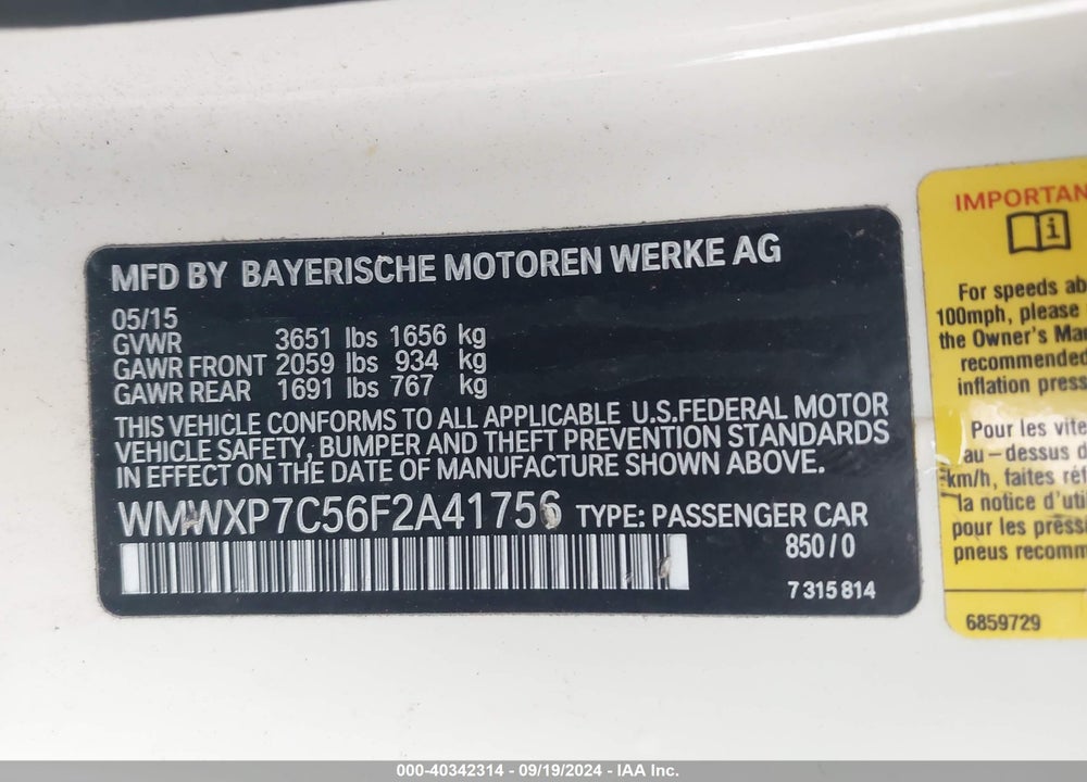2015 MINI HARDTOP COOPER S VIN: WMWXP7C56F2A41756