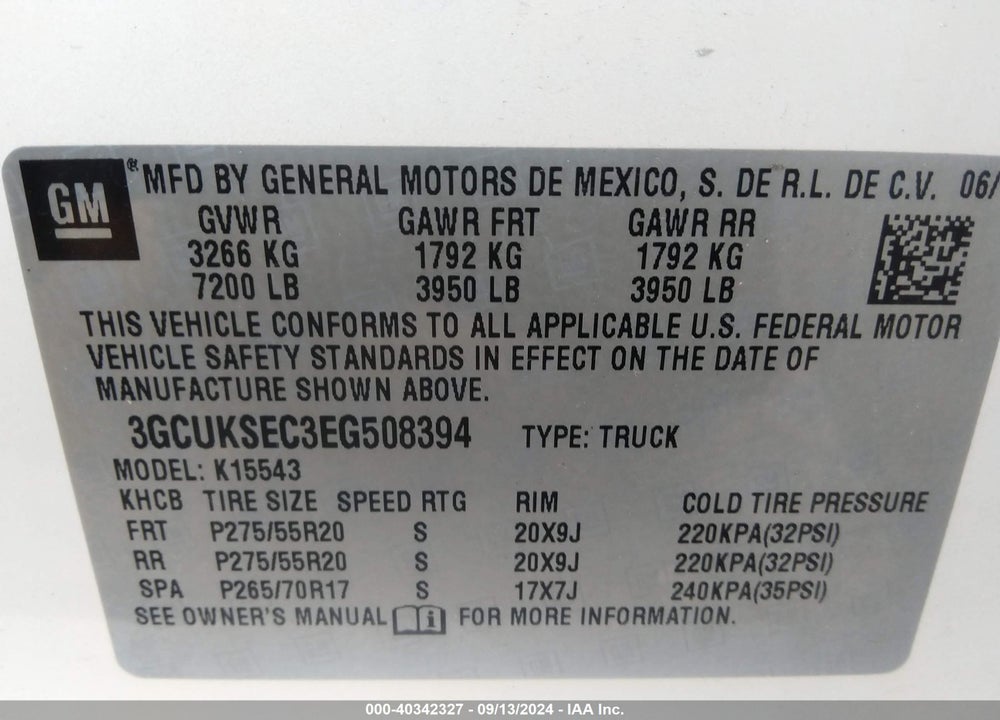 2014 CHEVROLET SILVERADO 1500 2LZ VIN: 3GCUKSEC3EG508394