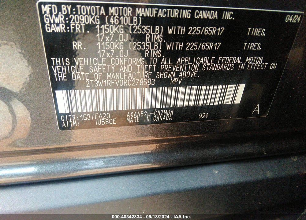 2024 TOYOTA RAV4 XLE VIN: 2T3W1RFV0RC278583