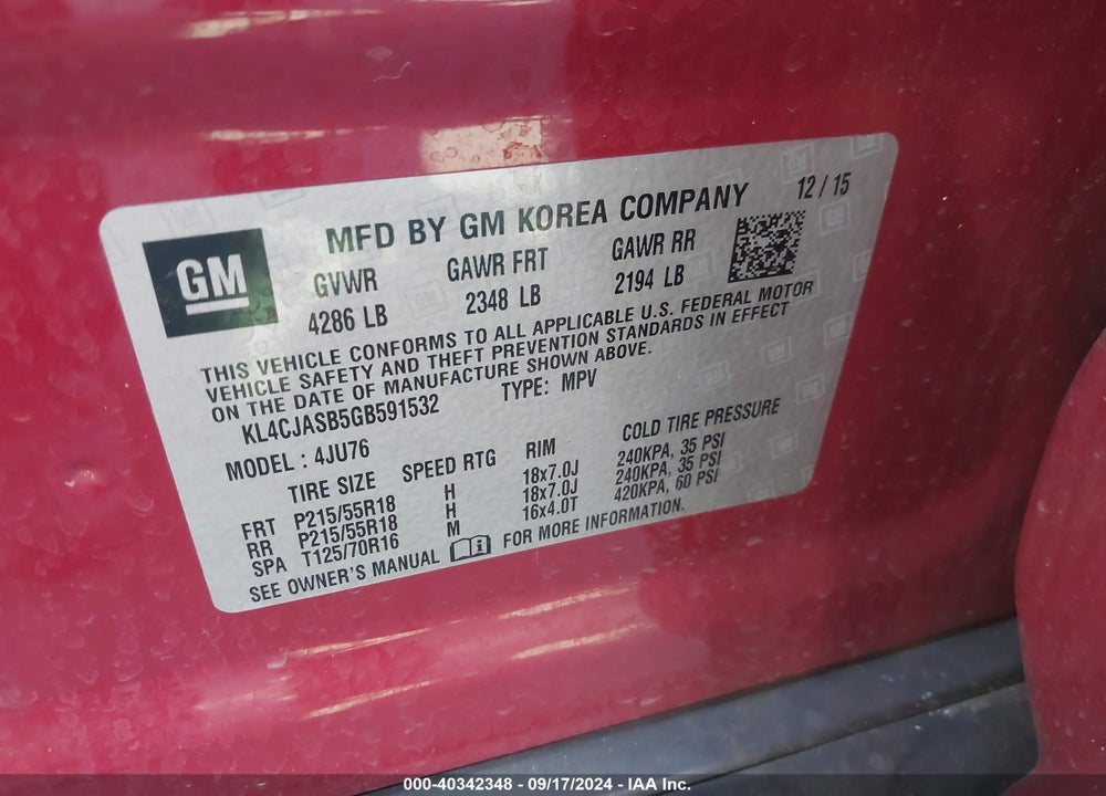 2016 BUICK ENCORE VIN: KL4CJASB5GB591532