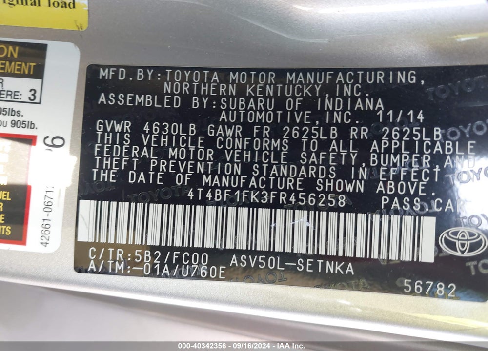 2015 TOYOTA CAMRY LE VIN: 4T4BF1FK3FR456258