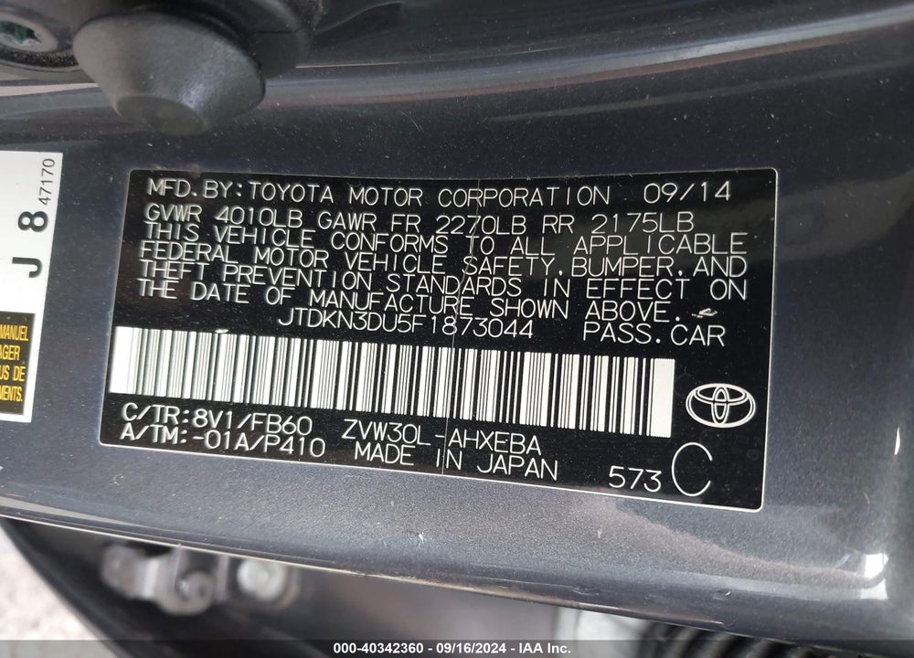 2015 TOYOTA PRIUS THREE VIN: JTDKN3DU5F1873044