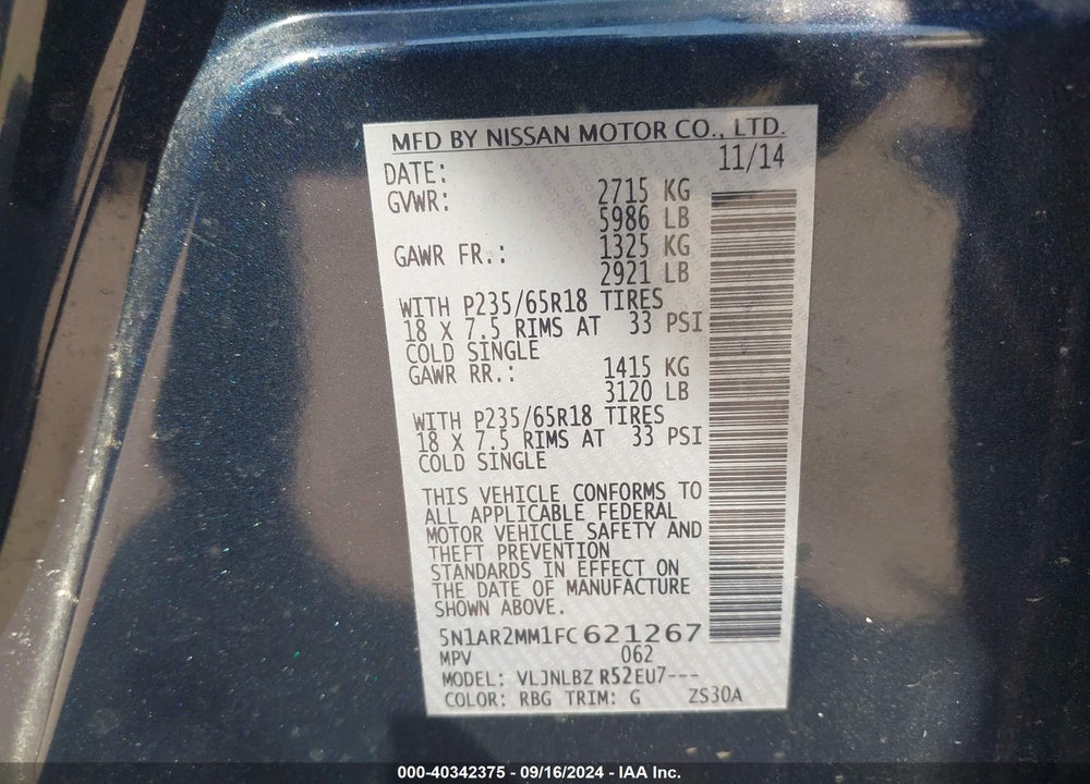 2015 NISSAN PATHFINDER S VIN: 5N1AR2MM1FC621267
