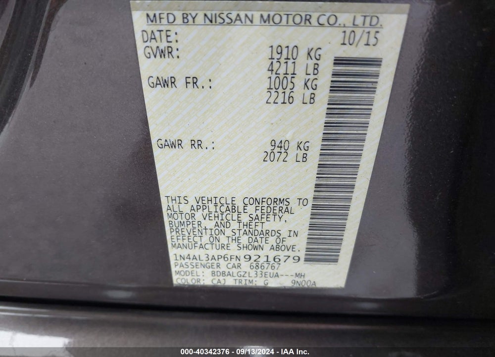 2015 NISSAN ALTIMA VIN: 1N4AL3AP6FN921679