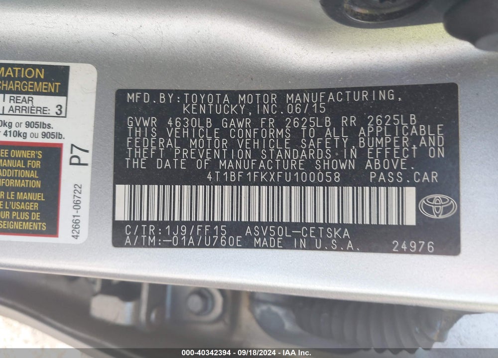 2015 TOYOTA CAMRY SE VIN: 4T1BF1FKXFU100058