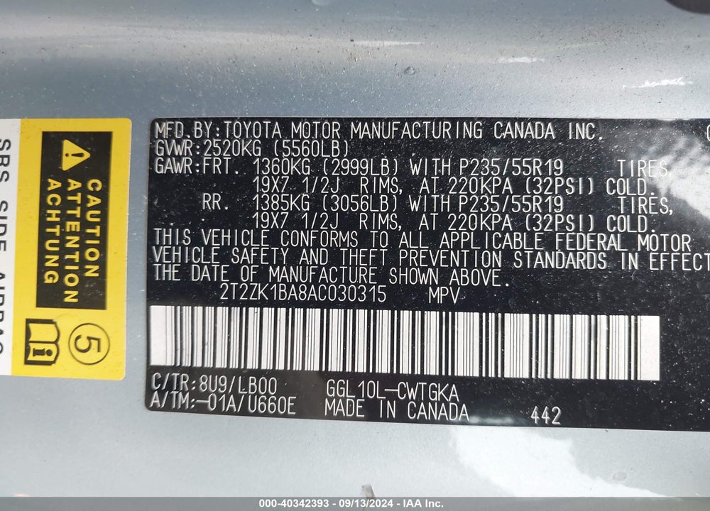 2010 LEXUS RX 350 VIN: 2T2ZK1BA8AC030315