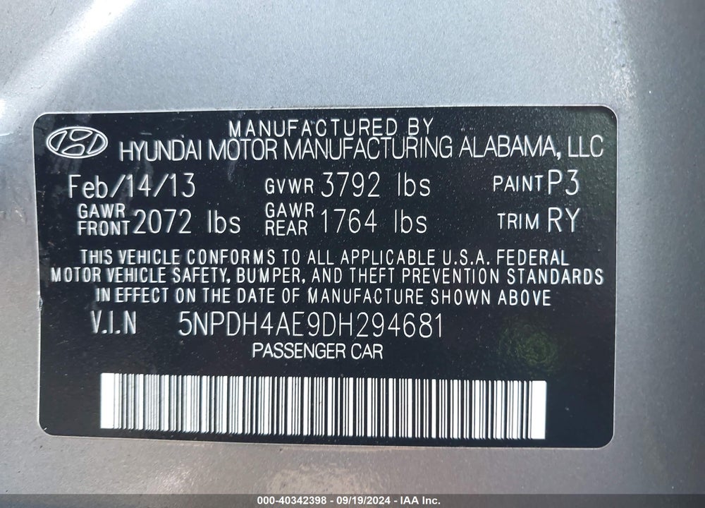 2013 HYUNDAI ELANTRA LIMITED VIN: 5NPDH4AE9DH294681