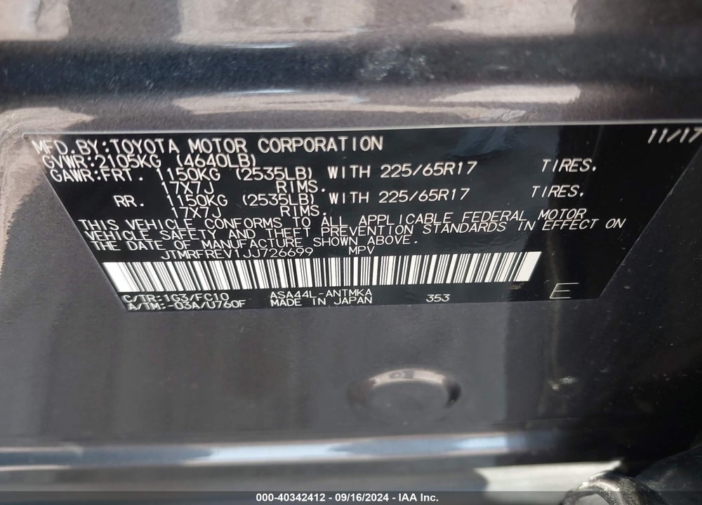 2018 TOYOTA RAV4 XLE VIN: JTMRFREV1JJ726699