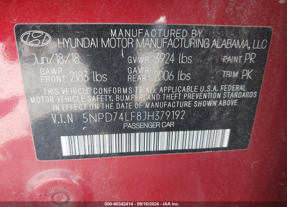 2018 HYUNDAI ELANTRA VIN: 5NPD74LF8JH379192