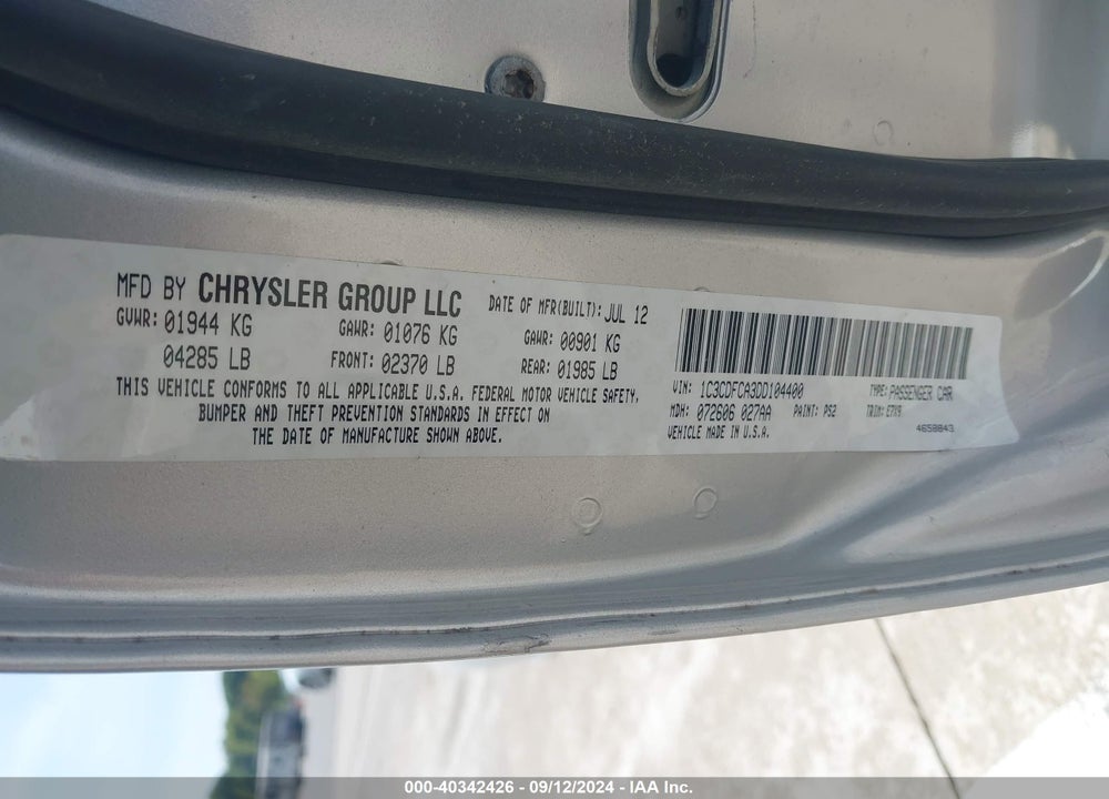 2013 DODGE DART LIMITED VIN: 1C3CDFCA3DD104400