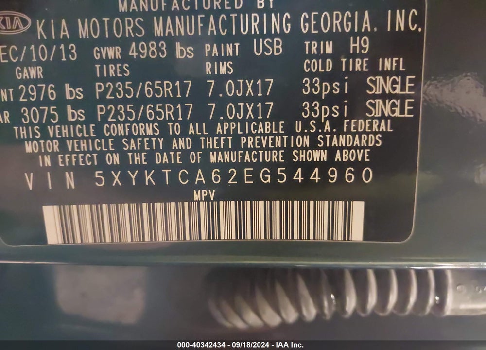 2014 KIA SORENTO LX VIN: 5XYKTCA62EG544960
