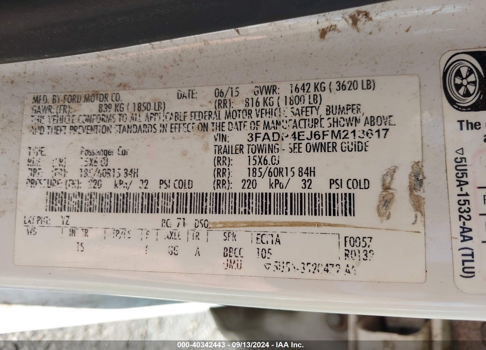 2015 FORD FIESTA SE VIN: 3FADP4EJ6FM213617