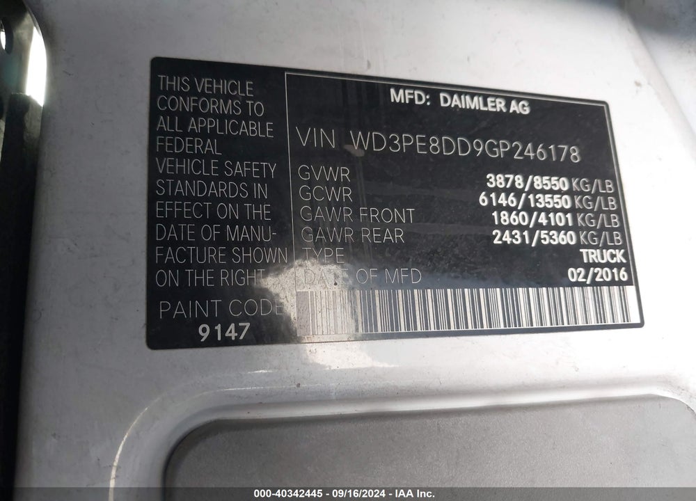 2016 MERCEDES-BENZ SPRINTER 2500 HIGH ROOF/HIGH ROOF VIN: WD3PE8DD9GP246178