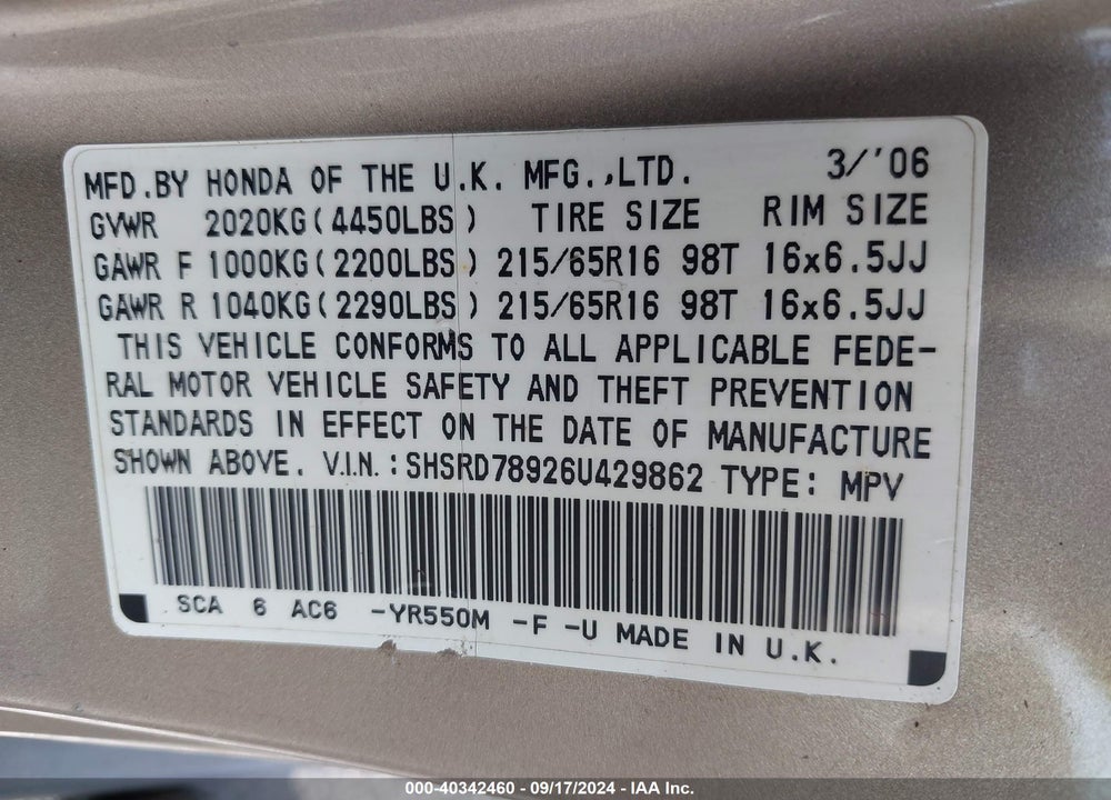 2006 HONDA CR-V SE VIN: SHSRD78926U429862