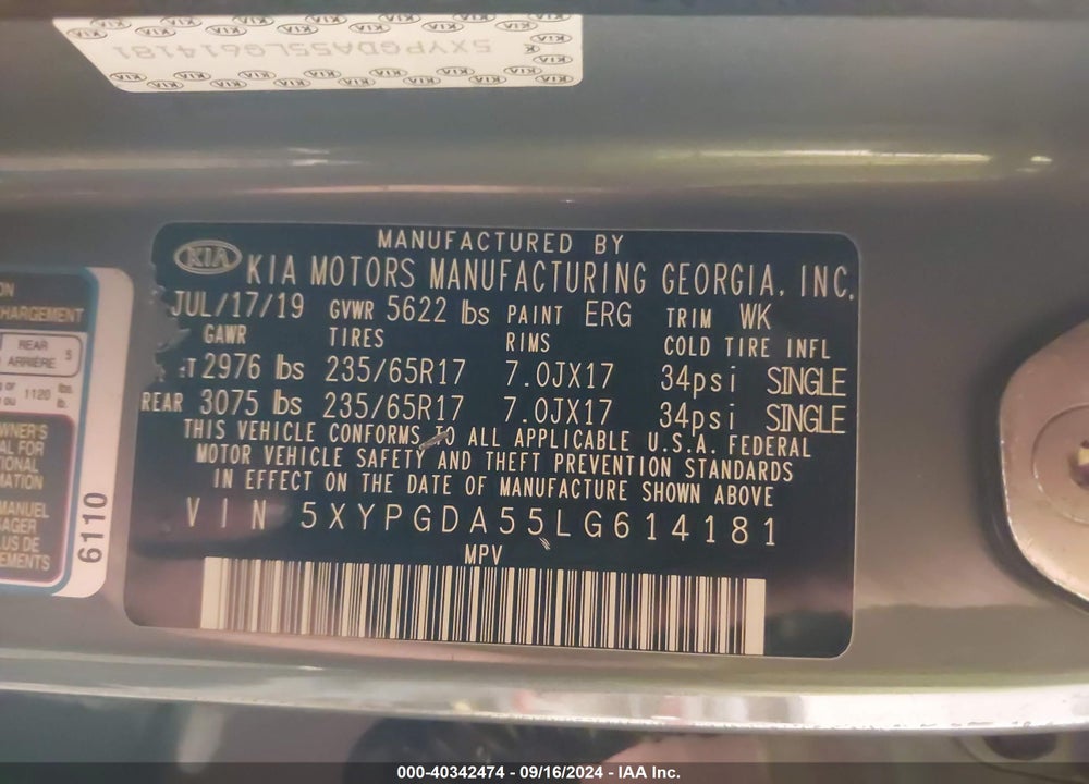 2020 KIA SORENTO 3.3L LX VIN: 5XYPGDA55LG614181