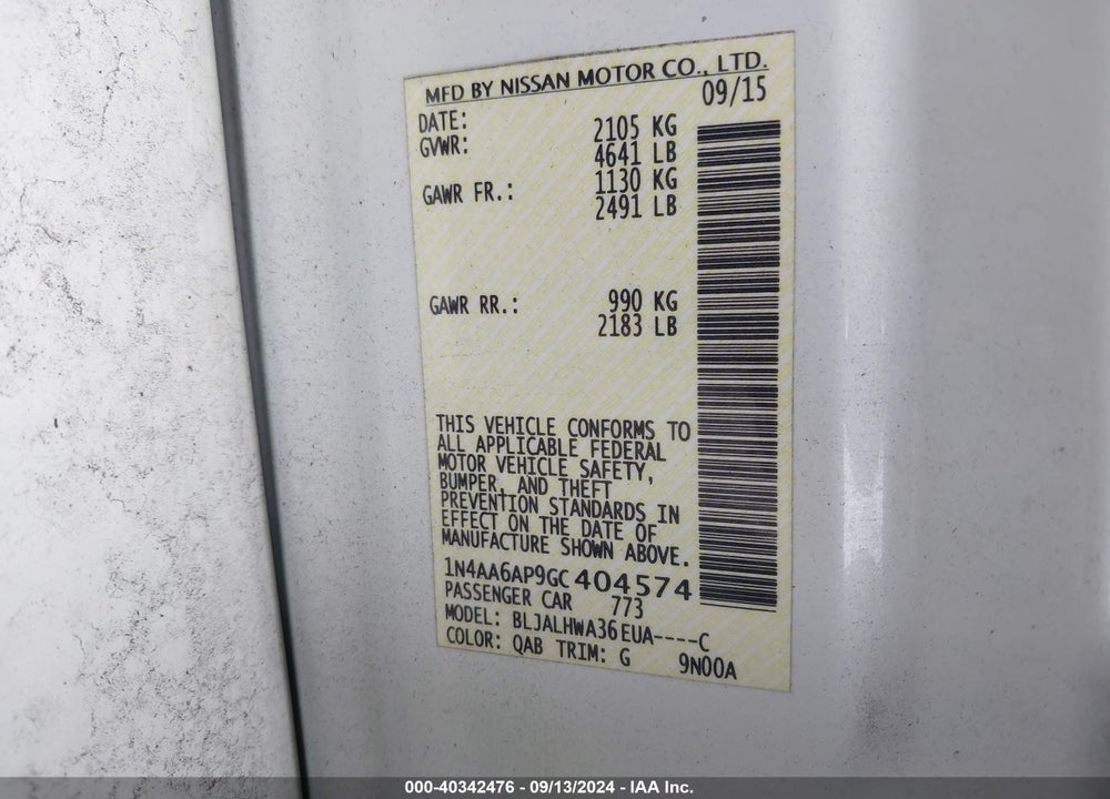 2016 NISSAN MAXIMA 3.5 PLATINUM VIN: 1N4AA6AP9GC404574