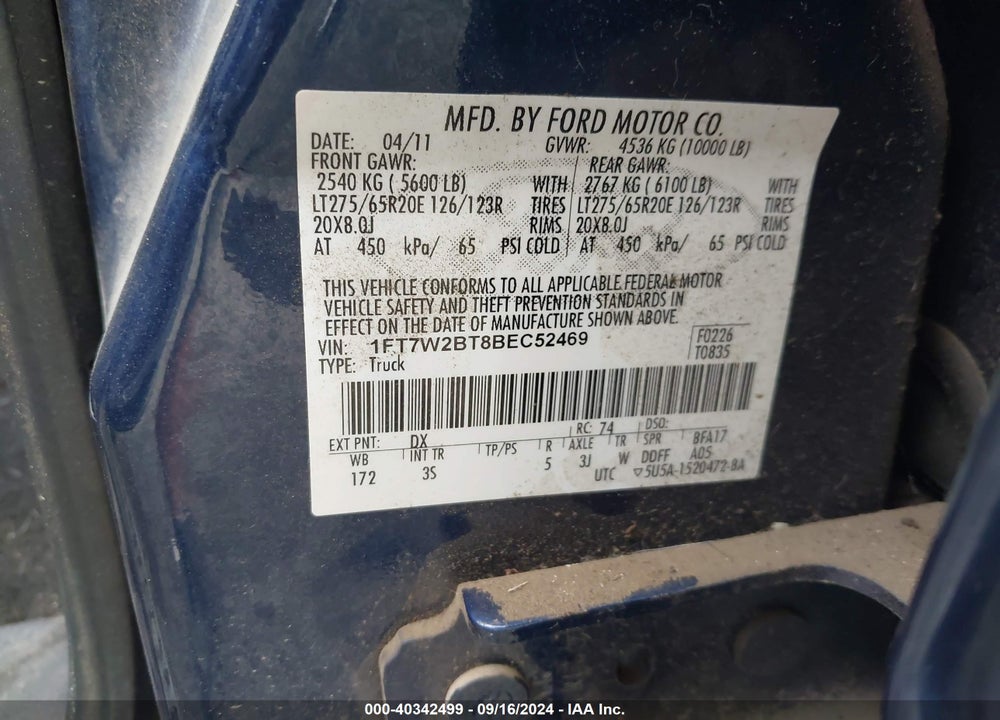 2011 FORD F-250 XLT VIN: 1FT7W2BT8BEC52469
