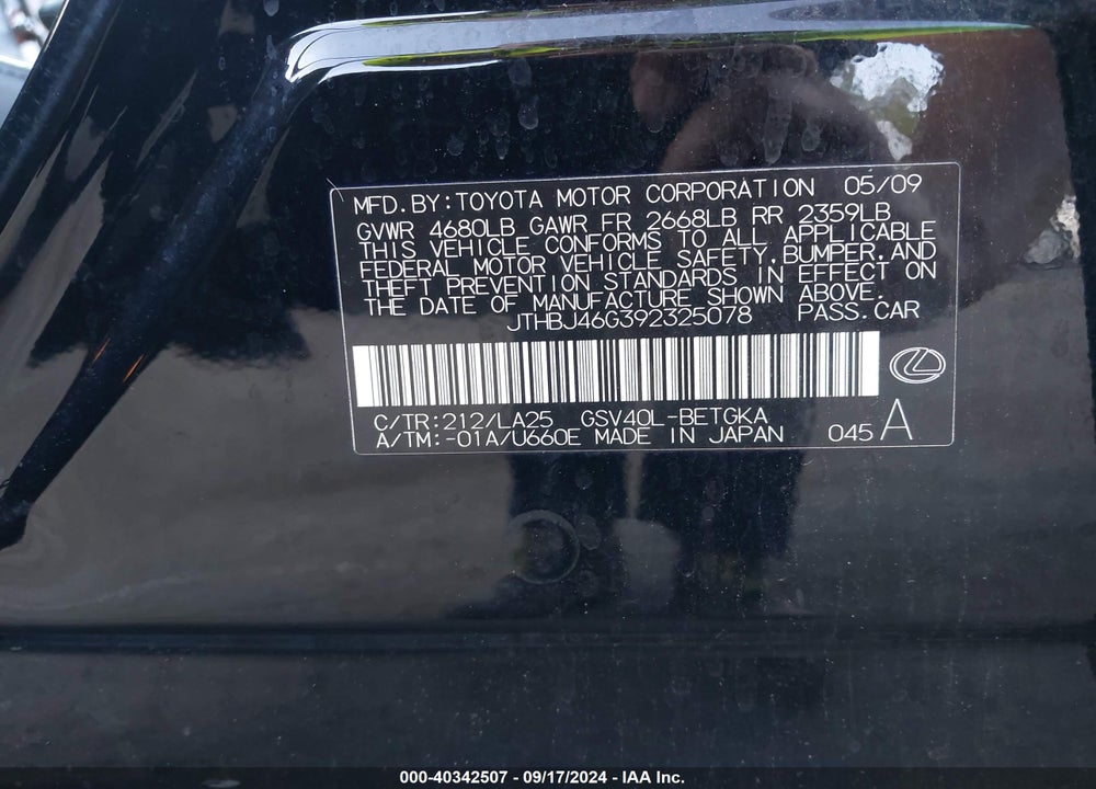 2009 LEXUS ES 350 VIN: JTHBJ46G392325078