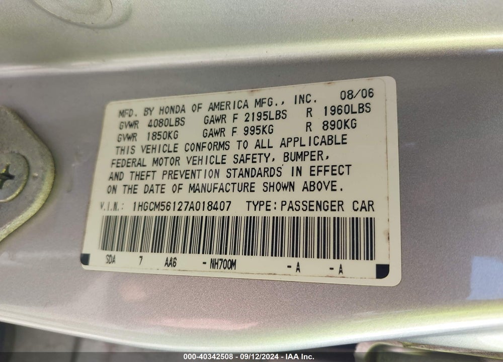 2007 HONDA ACCORD 2.4 VP VIN: 1HGCM56127A018407