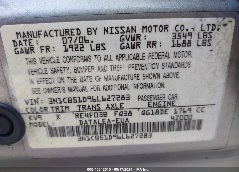 2006 NISSAN SENTRA 1.8S VIN: 3N1CB51D96L627283