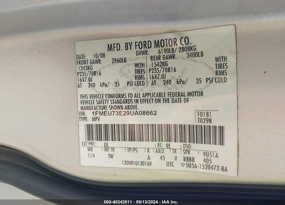 2009 FORD EXPLORER XLT VIN: 1FMEU73E29UA08662