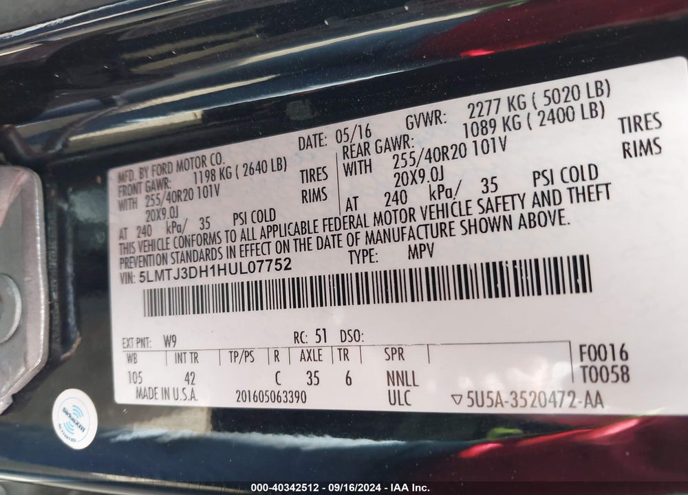 2017 LINCOLN MKC RESERVE VIN: 5LMTJ3DH1HUL07752