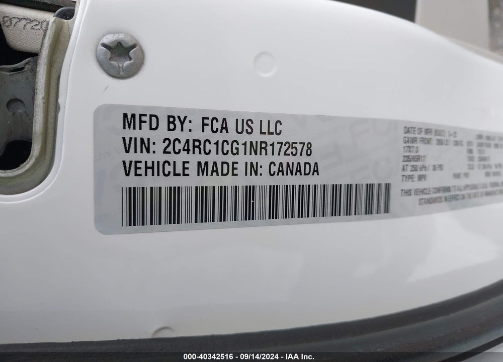 2022 CHRYSLER VOYAGER LX VIN: 2C4RC1CG1NR172578