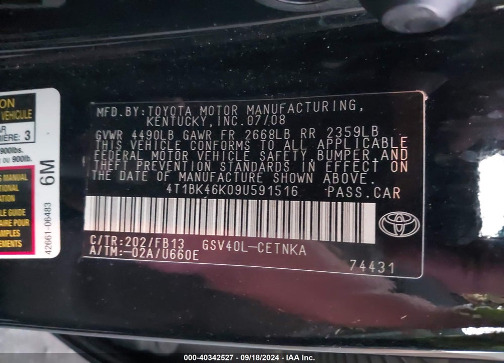 2009 TOYOTA CAMRY LE V6 VIN: 4T1BK46K09U591516