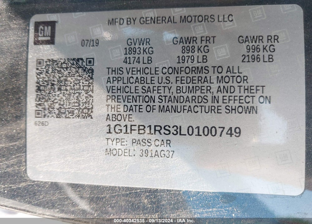 2020 CHEVROLET CAMARO RWD 1LT VIN: 1G1FB1RS3L0100749
