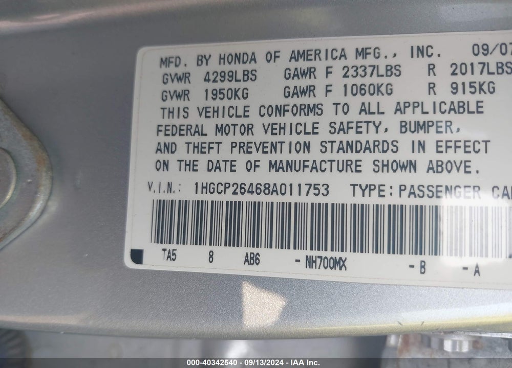 2008 HONDA ACCORD 2.4 LX-P VIN: 1HGCP26468A011753