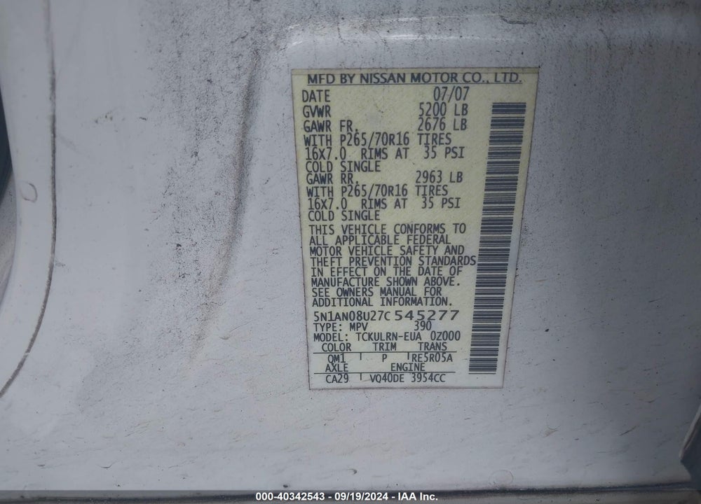 2007 NISSAN XTERRA S VIN: 5N1AN08U27C545277
