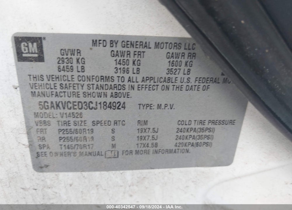 2012 BUICK ENCLAVE LEATHER VIN: 5GAKVCED3CJ184924