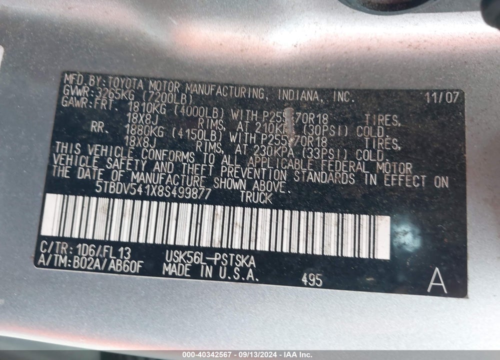 2008 TOYOTA TUNDRA SR5 5.7L V8 VIN: 5TBDV541X8S499877