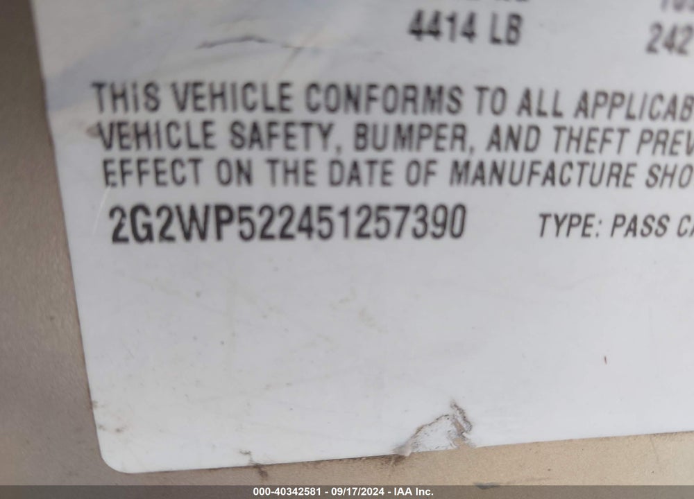 2005 PONTIAC GRAND PRIX VIN: 2G2WP522451257390