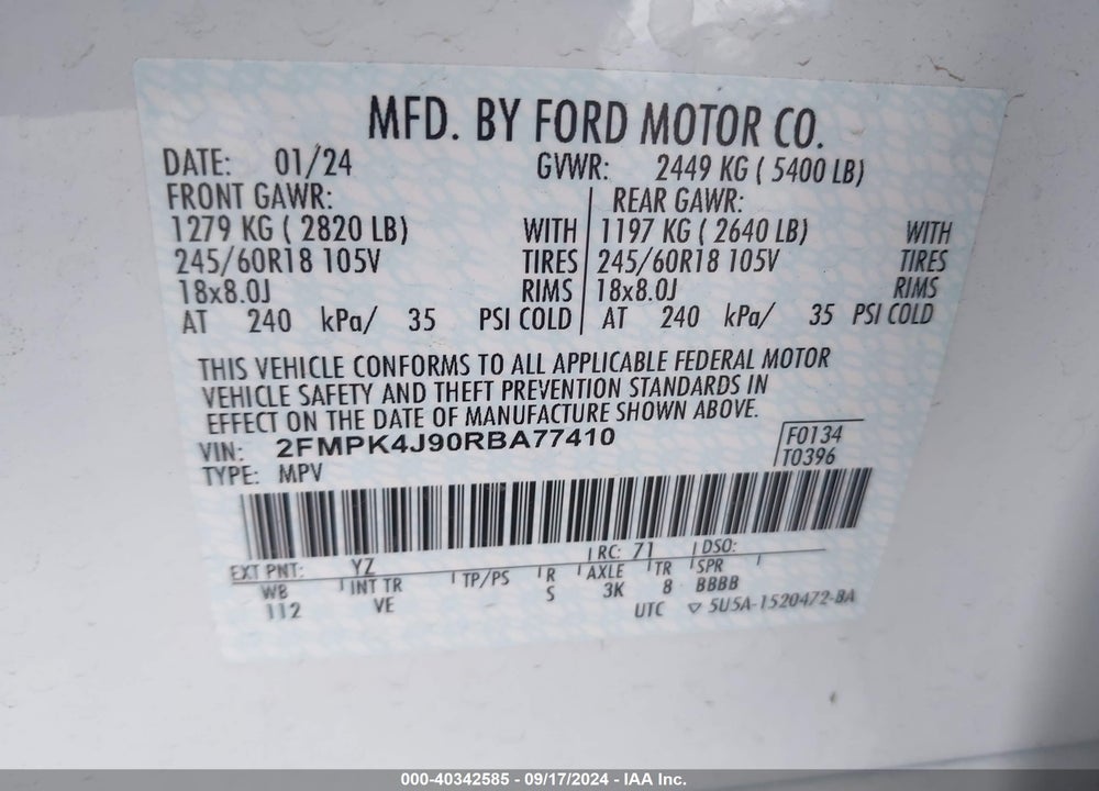 2024 FORD EDGE SEL VIN: 2FMPK4J90RBA77410