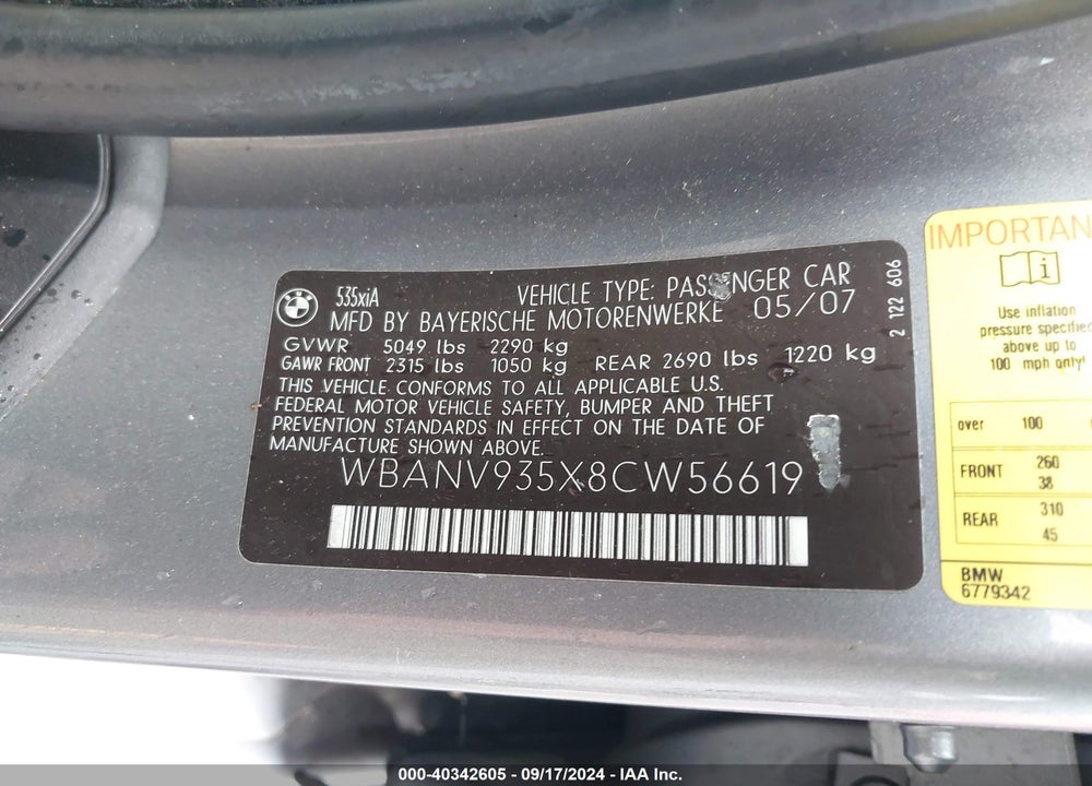 2008 BMW 535XI VIN: WBANV935X8CW56619