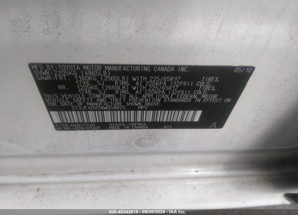 2010 TOYOTA RAV4 VIN: 2T3JF4DV2AW058625